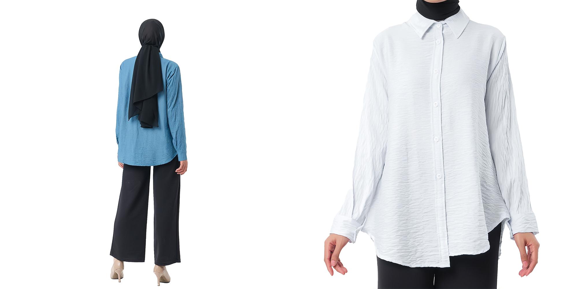 Amie Collection Vaula Top Shirt Atasan Wanita Muslimah Kameja Kerja Casual Bahan Polo Linen Polos Baju Kancing Panjang Serut