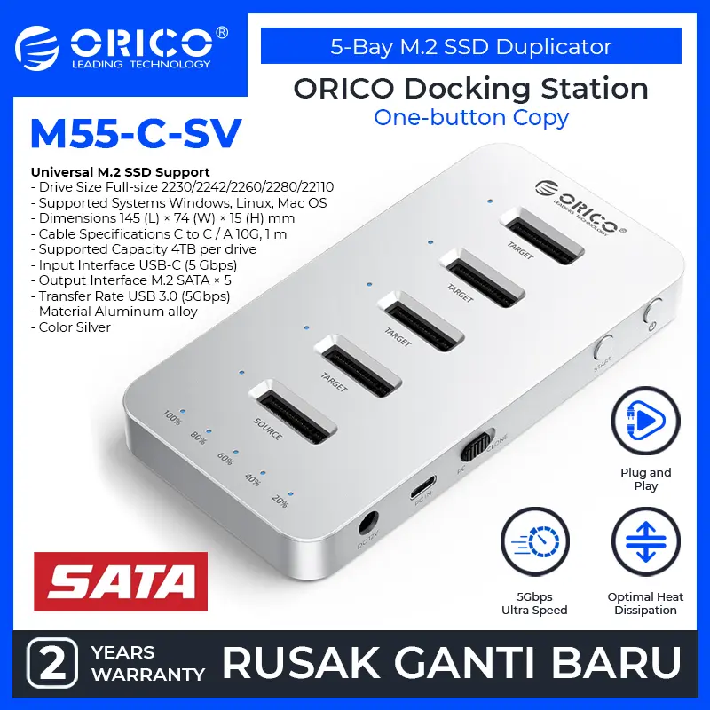 ORICO 5-Bay M.2 SATA SSD Duplicator CLONE 1 to 4 M.2 SATA Docking Station - M55-C