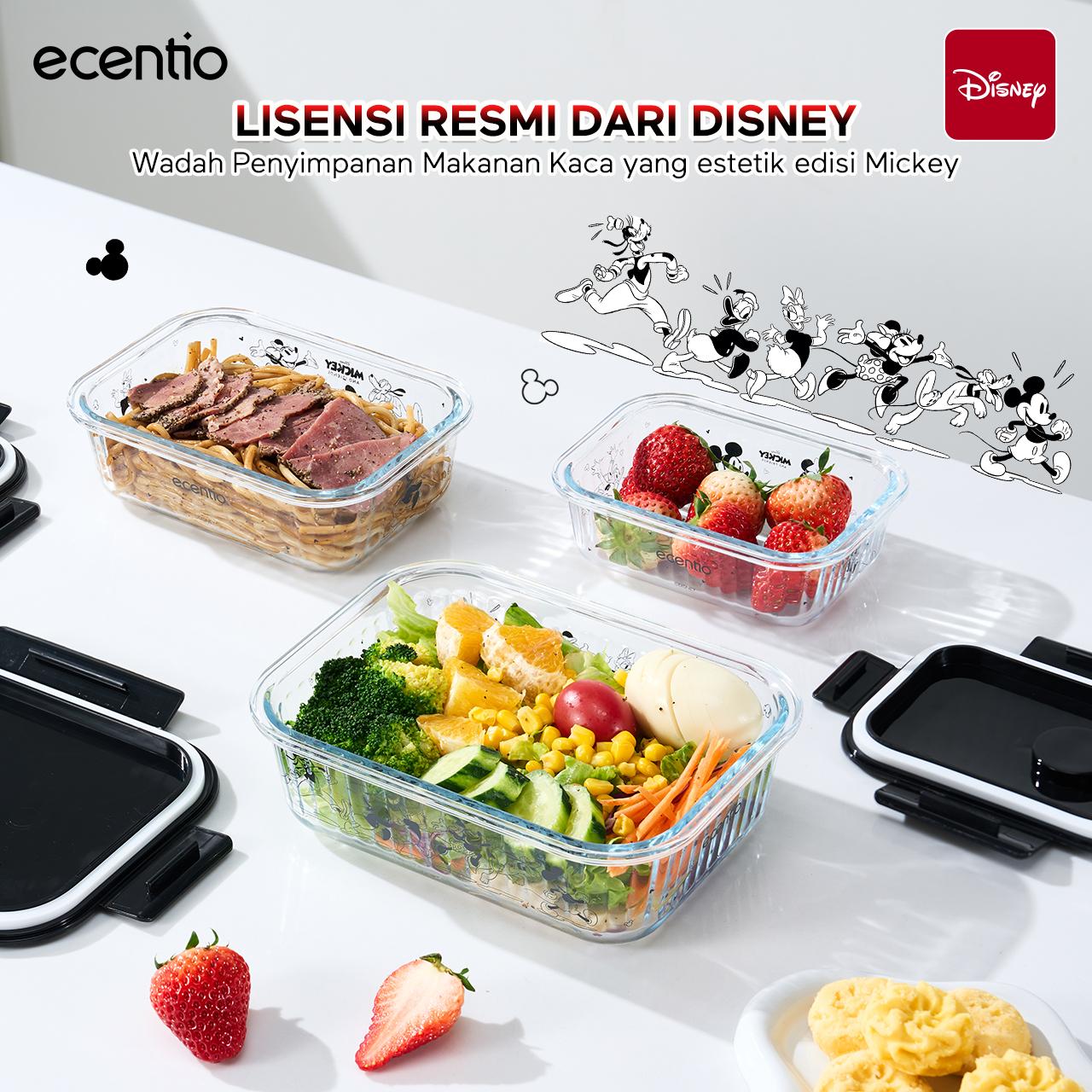 【Live Exclusive】 ecentio Food Container Mickey Mouse 3pcs & Tas Portable,410ml+700ml+1050ml Toples Kaca Mudah Dibersihkan,Tas Penyimpanan Portabel Kapasitas Besar,Cocok untuk bekal makanan