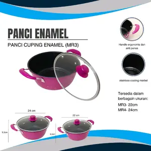 Panci Enamel Anti Lengket dengan Tutup Kaca Type MR3 MR4 A073 Handle Ergonomis dan Anti Panas Stainless Coating Marbel Tersedia Ukuran 22cm & 24cm