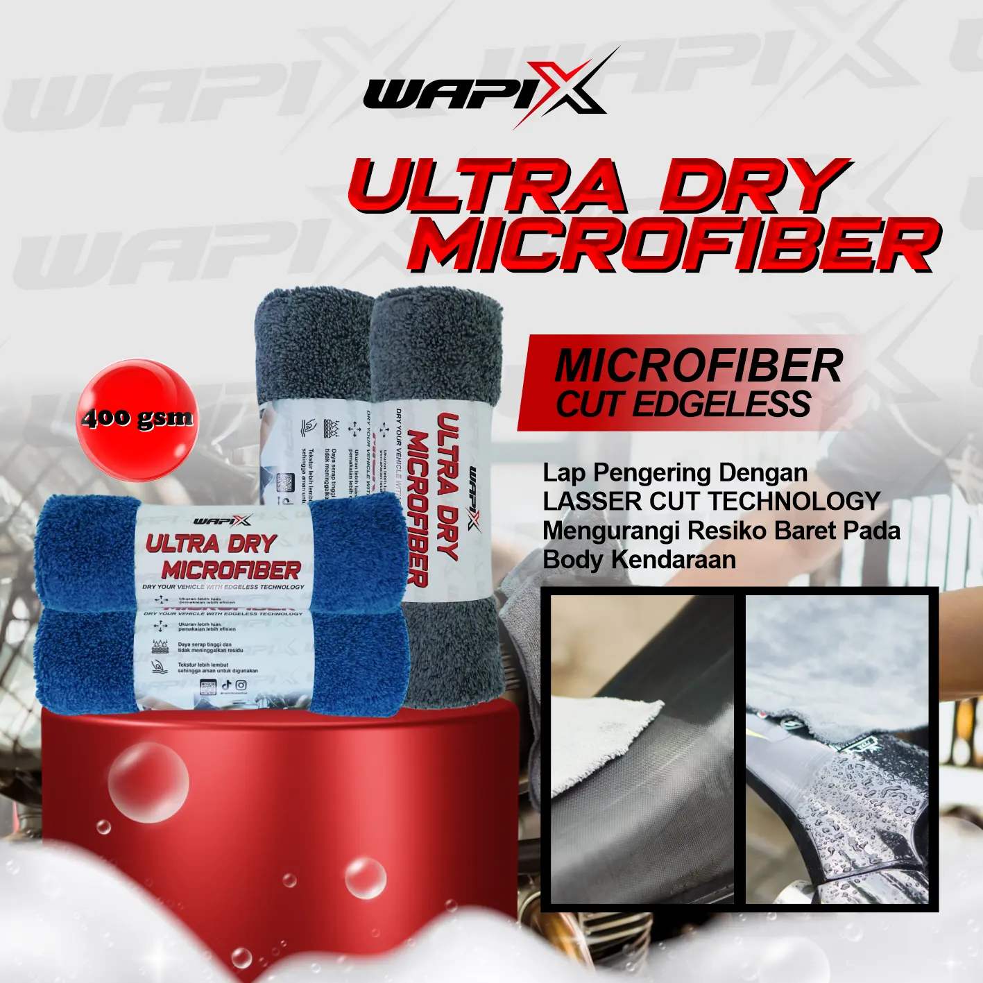 Drying Edgeless Microfiber | WAPIX Ultra Dry Microfiber - Lap Microfiber Pengering Mobil & Motor 400 Gsm Ukuran Besar 40x40 cm sabun  cuci