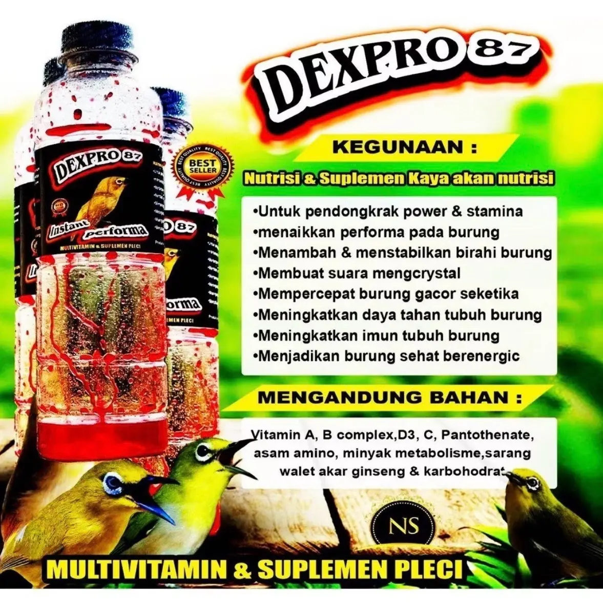 DEXPRO 87 VITAMIN DEXPRO87 PENGGACOR BURUNG PLECI SOGON KONIN BEST SELLER obat gurah