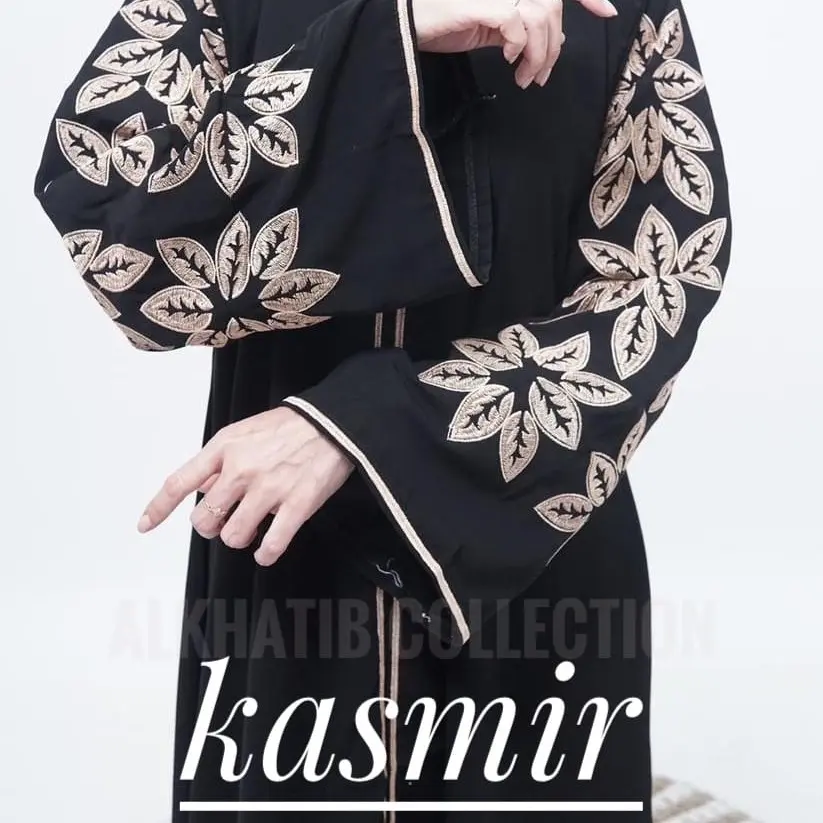 Abaya Bordir Kasmir Alkhatib Collection Grade A Saudi Jetblack dengan Busui dan Resleting Depan - Ukuran S, M, L, XL, dan XXL