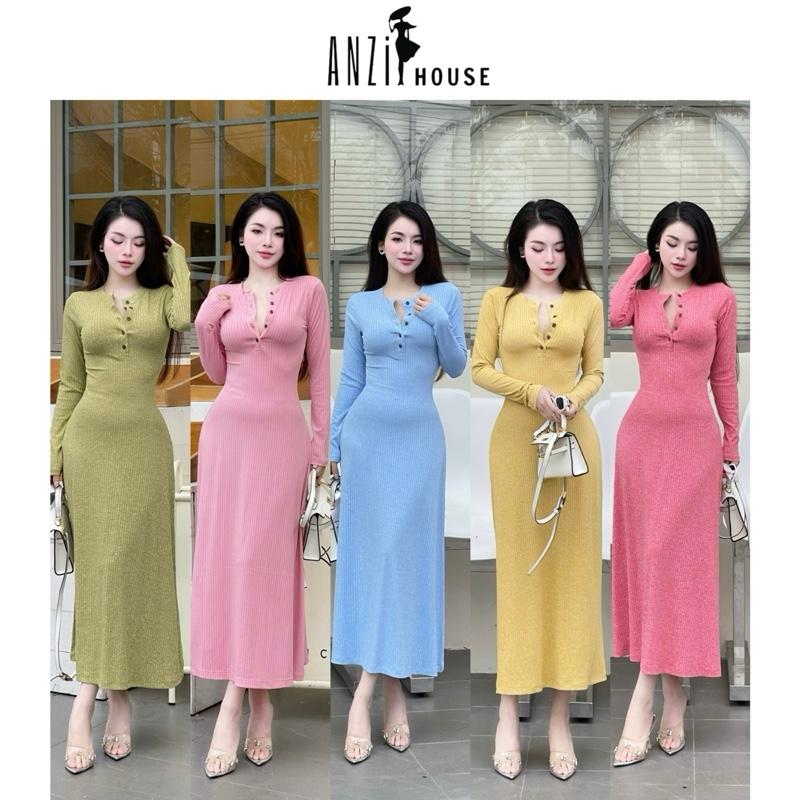 ANZi House Đầm Xoè Body Tay Dài Tôn Dáng Cổ Trụ vải gân Đũa Lạnh Quảng Châu co giãn mát mẽ Nữ Dress Women - Đỏ