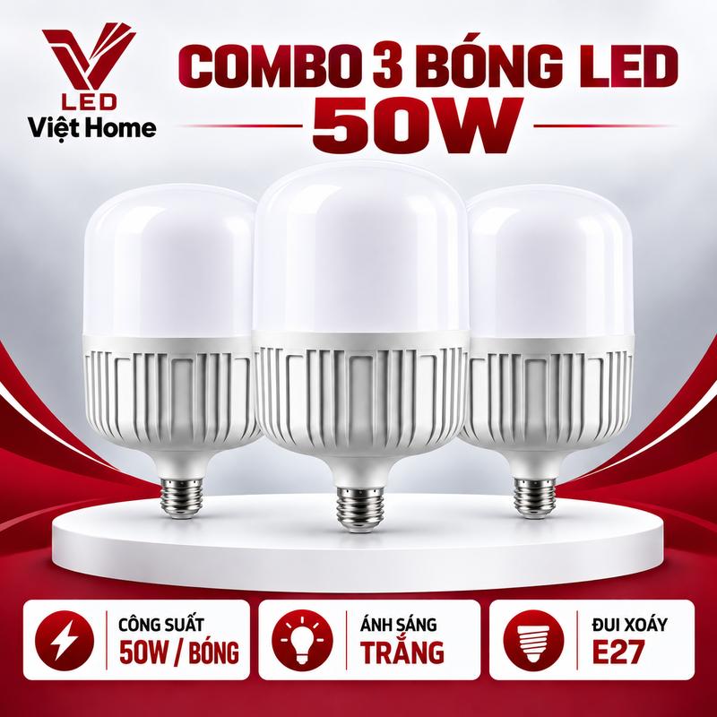 Combo 3 Bóng LED Trụ 50W Đui E27, Ánh Sáng Trắng, Bóng Đèn Chiếu Sáng Gia Đình, BH 12 Tháng LED Việt Home