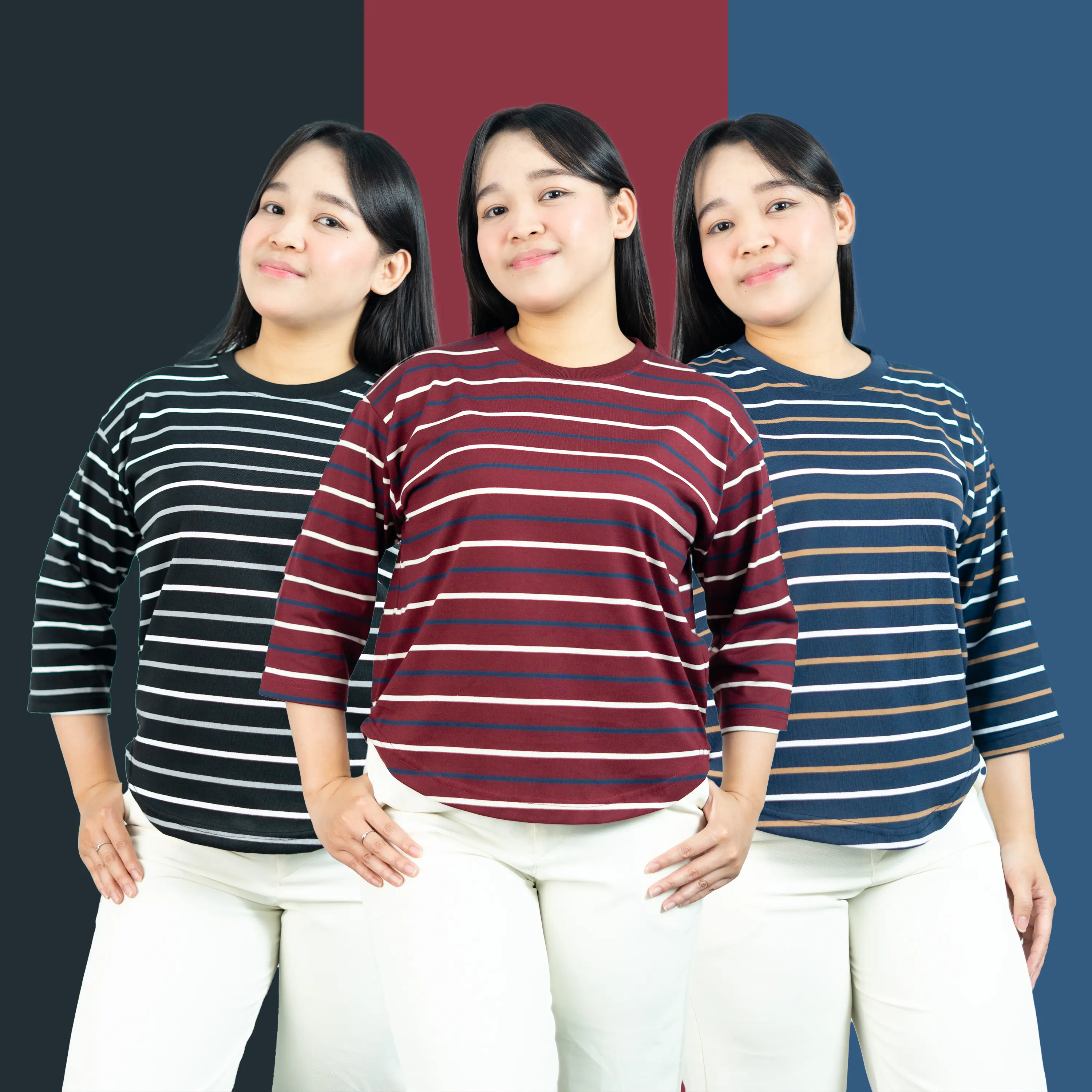 SALUR 7/8 oval - Atasan Cewek Panjang TShirt Oversize Baju Casual lengan 7/8 STRIPE GARIS Lerist Kaos Top Katun Santai