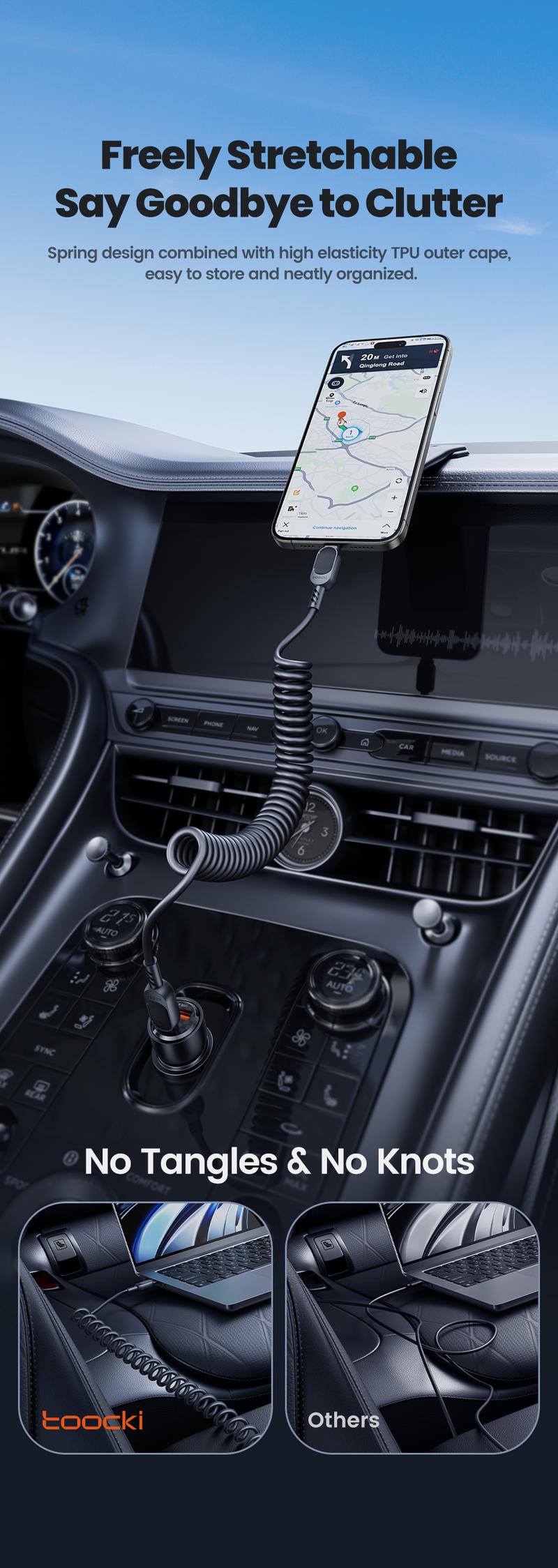 Product Introduction of Toocki PD100W Type C To Type C Spring Fast Charging Cable 6A USB A To Type C Fast Data Line A-L 20W C-L Car Charger Wire 1.8m 21