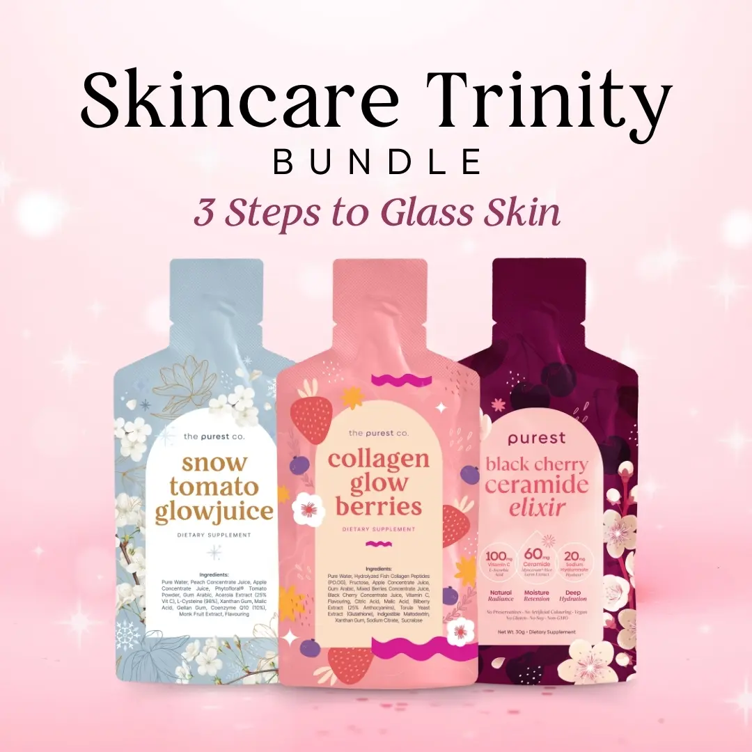 Skincare Trinity Bundle: Collagen Glow Berries + Black Cherry Ceramide Elixir + Snow Tomato Glowjuice
