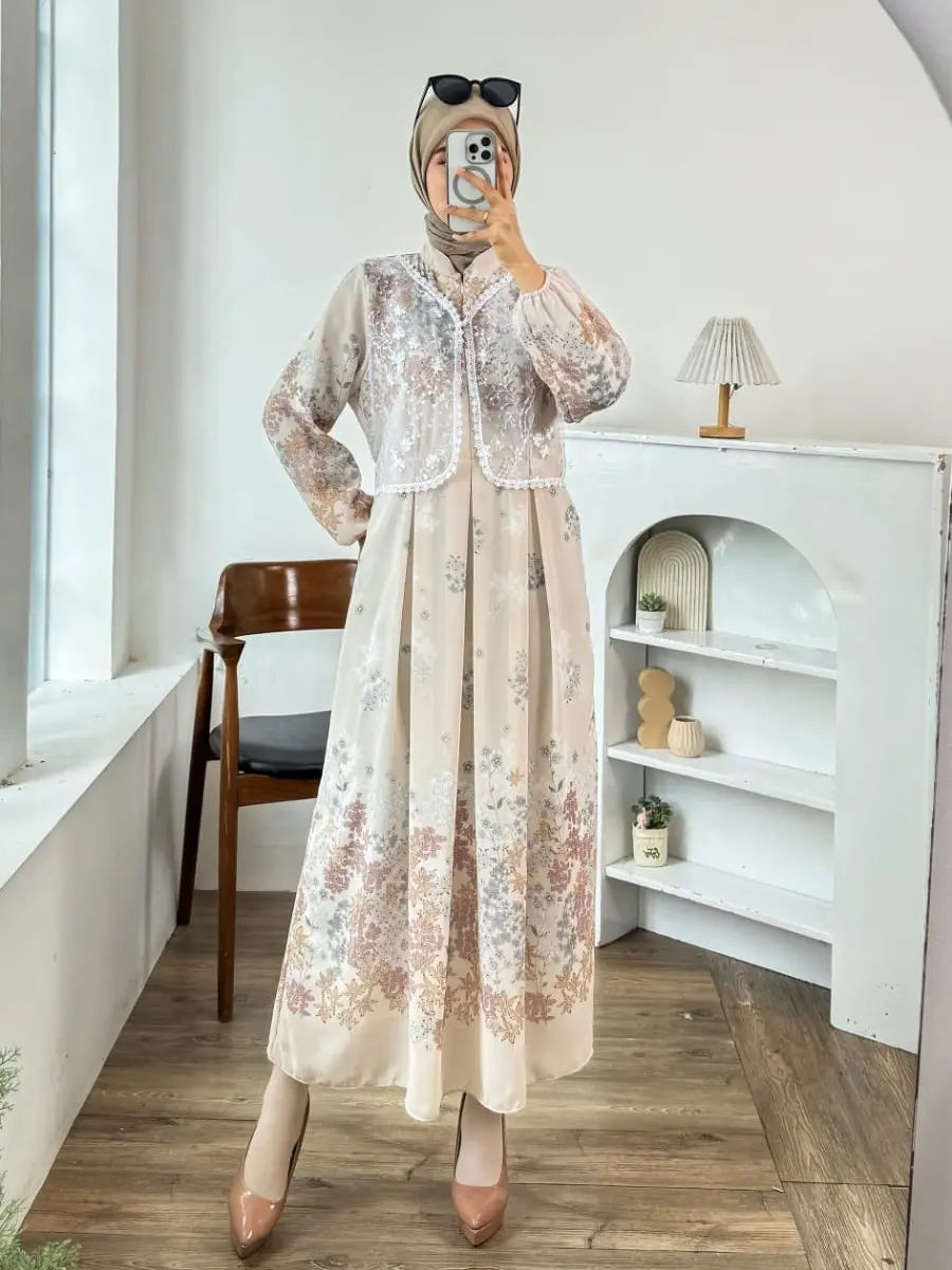 GLAMO.id - 50-904 Liora Dress Midi Wanita Lengan Balon Longsleeve Motif Gamis