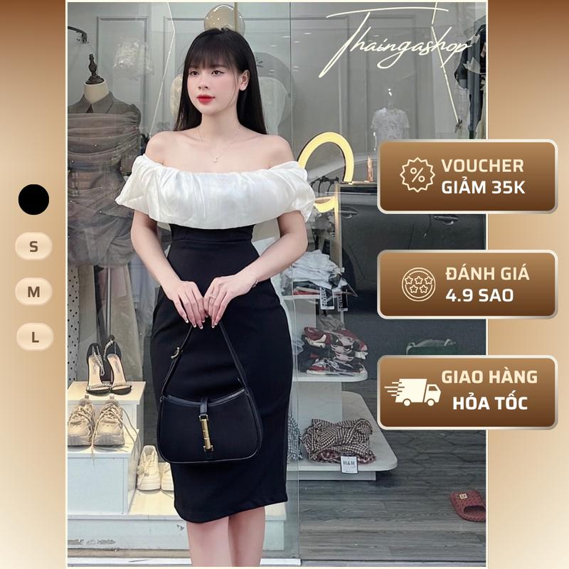 Đầm dự tiệc Trễ Vai Đen Phối Voan Nude Kiri Dress Thun co dãn có sẵn mút ngực Đầm nữ Women Dress Cotton Đầm voan tơ trễ vai xoè bồng