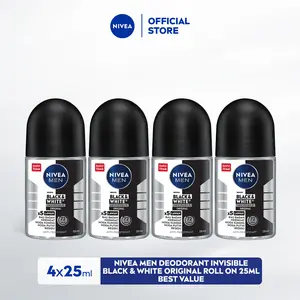 (PAKET HEMAT ISI 4) NIVEA MEN Deodorant Antiperspirant Roll On Black & White Invisible Original 25ml - Deodoran pria melawan bakteri keringat bau badan teknologi anti noda kuning putih dan residu wangi segar 72 jam - Tidak mengandung ethyl alkohol
