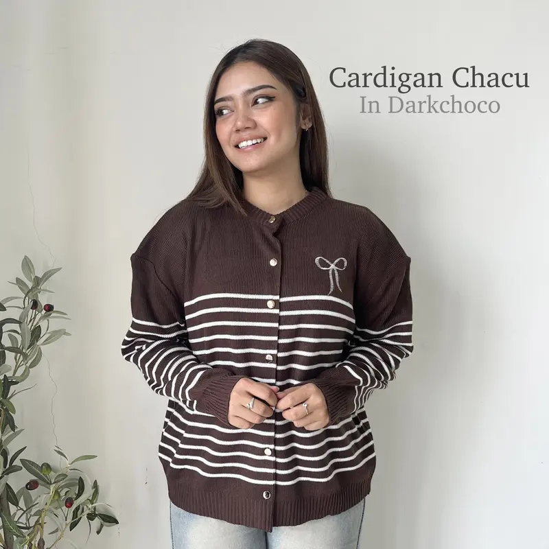 PLUMFIT Cardigan Rajut Motif Garis Variasi Pita Bordir CHACU 0