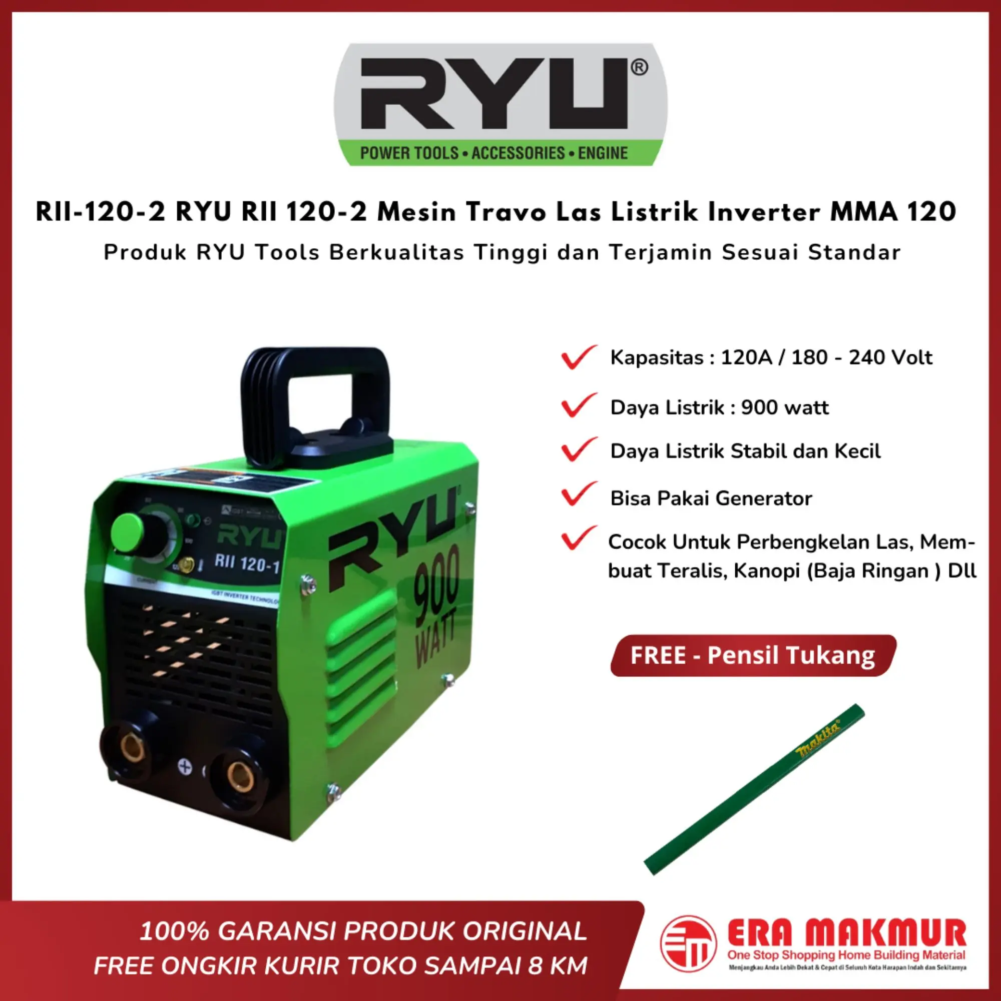 RYU - RII-120-2 RYU RII 120-2 Mesin Travo Las Listrik Inverter MMA 120 450 Watt RYU / Mesin Las 450Wat