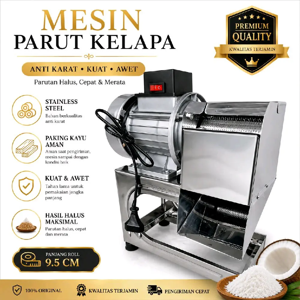 Mesin Parut Kelapa & Singkong Listrik 200W Stainless Steel Anti Karat - Roll 9cm - Paking Kayu Aman