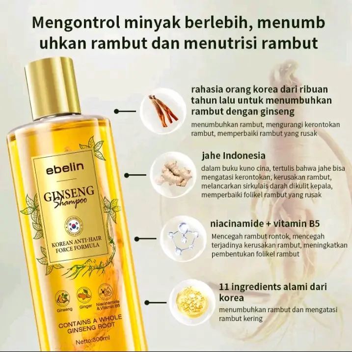 Ebelin Gingseng Shampo Ekstrak Herbal Alami Anti Hair Fall 300ml 1