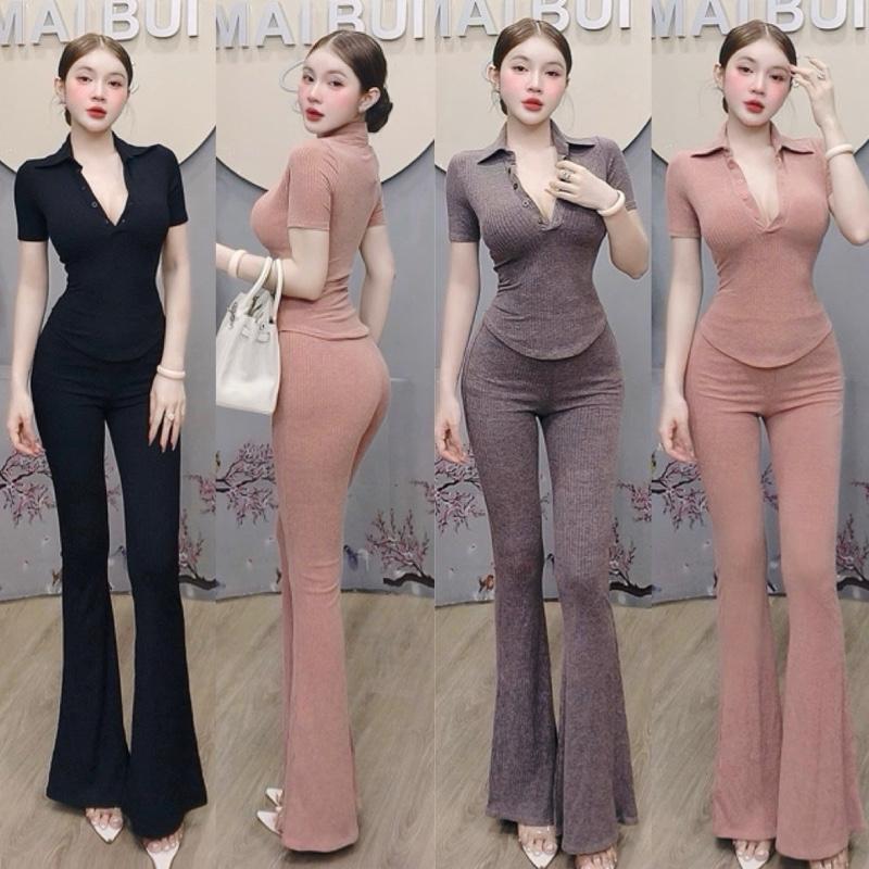  S331 - Set Áo Cổ Trụ Nút Cài Quần Loe Mai Bùi Store  dài quần 105cm  
