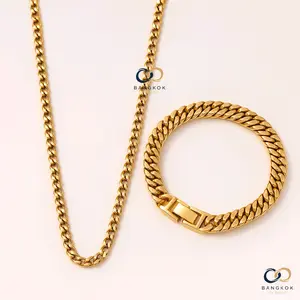 Kalung titanium 8mm model rantai satu set gelang rantai (8mm×19cm) warna gold