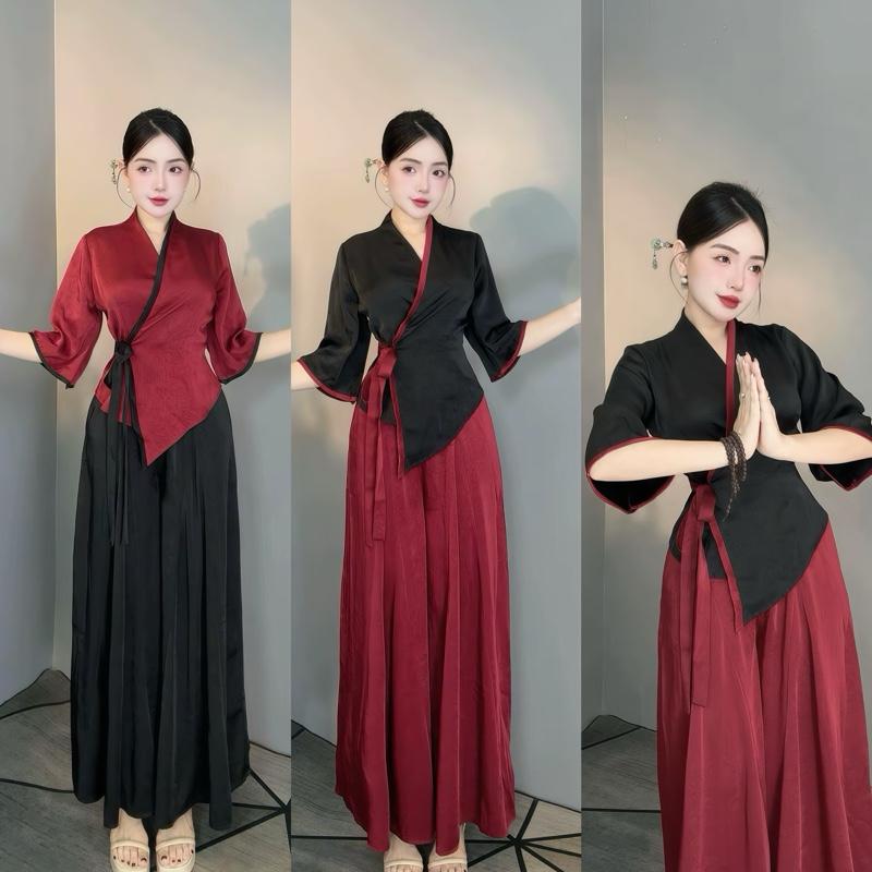  Bộ áo lam cổ chữ y cách điệu cột eo phối màu + quần ống rộng form lửng - Ngọc Dung Store 