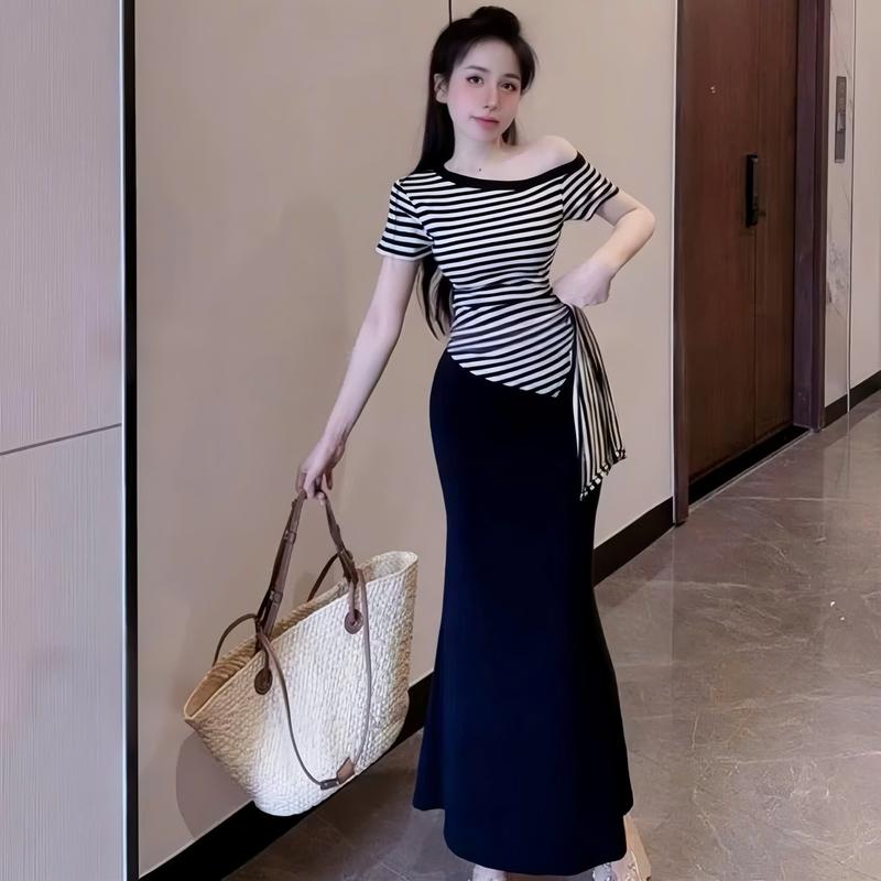  Set Áo Lệch Vai Kẻ Sọc Tay Ngắn  Thiết Kế Vạt Nhọn Dây Eo Phối Với Chân Cáy Dáng Dài Đuôi Cá Chất Thun Gân Tiểu Thư Duyên Dáng Thích hỢp Cho Nữ Mặc Đi Chơi Đi Du Lịch 