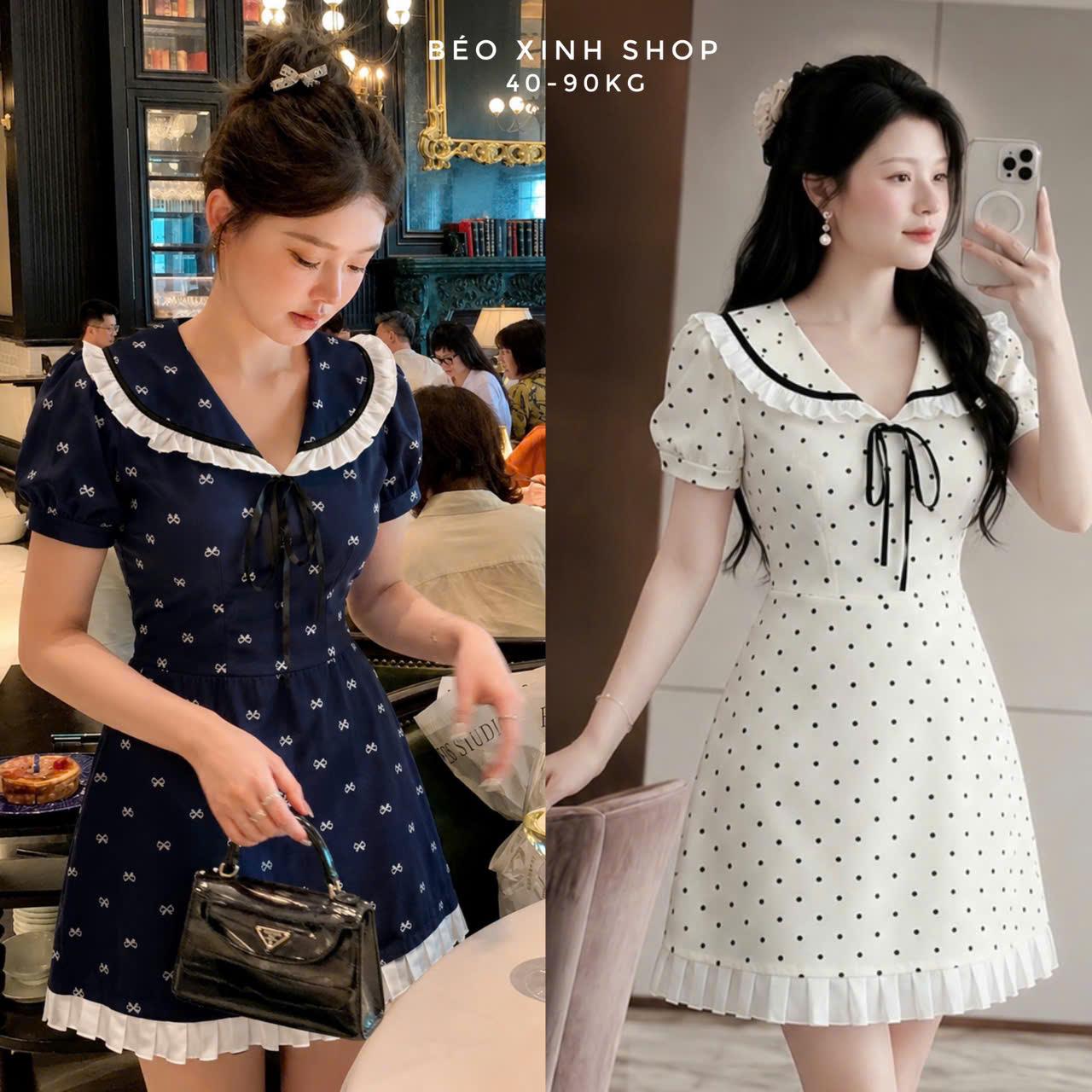 Đầm Cổ Sen Phối Bèo Đính Nơ Có Bigsize Nữ Tính Váy Xòe Chấm Bi Dễ Thương Có Bigsize 40-90kg Béo Xinh Shop - A.1768