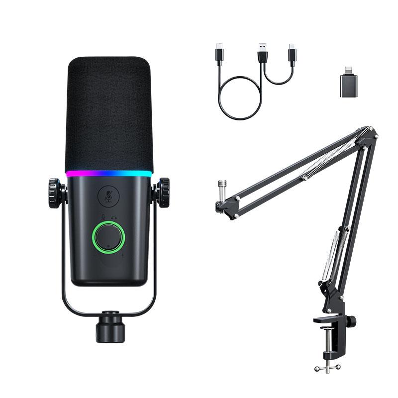 Micro động, Haomuren, XLR / USB, để ghi và phát trực tiếp Podcast, Mic chơi game và phát sóng trực tuyến trên máy tính PC, với đèn RGB, nút tắt tiếng, giắc cắm tai nghe, giá đỡ máy tính để bàn, Mic Giọng hát Thích hợp để hát trên YouTube-AmpliGame AM8