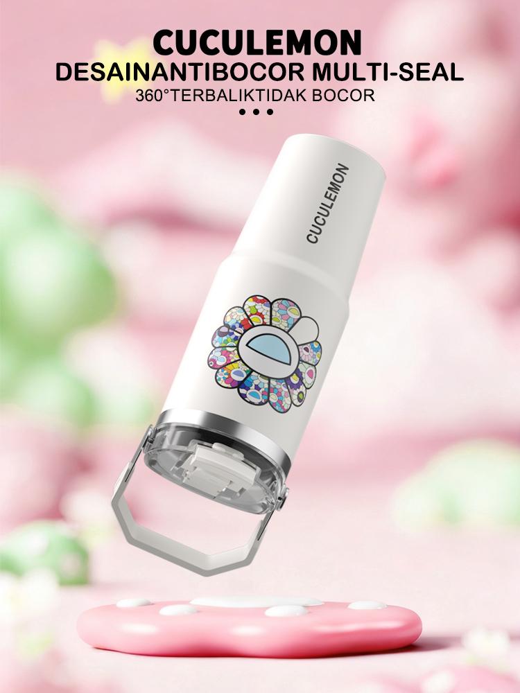 Cuculemon Tumbler Stainless 890ml | Vacuum Flask Hot & Cold 24 Jam, Anti Bocor, Dengan Sedotan & Handle, Motif Sunflower / Lip Print Aesthetic tumblers stainless botol minum sport cup bottle tumbler lucu cewek tumblers hydropack