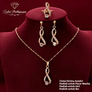 Set perhiasan kalung dan anting huruf angka 8 model baru 2026, desain simpel kreatif gaya Korea modis berlian penuh, anti karat dan tidak mudah pudar warna.