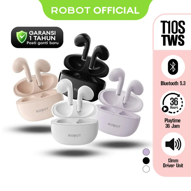 ROBOT TWS Flybuds T10S Semi In Ear Wireless Earbuds Bluetooth TWS Full  Bass Earphone Headset Light Pink