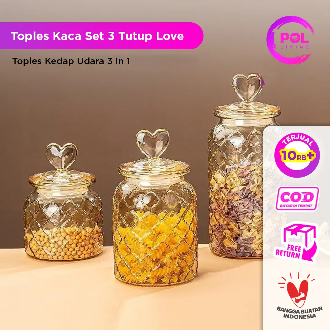 [GARANSI PECAH] POL COD Toples Kaca Love 3 In 1 | Tempat Penyimpanan Makanan Kaca | Toples Set 3 in 1 | Toples Kue | Toples Makanan