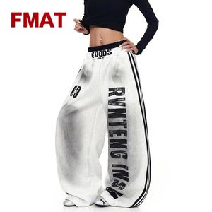 FMAT メンズ トラウザーズ 春秋 アメリカン・ハイストリート 使い込まれた風 英字プリント ユニセックス ドローストリング スウェットパンツ