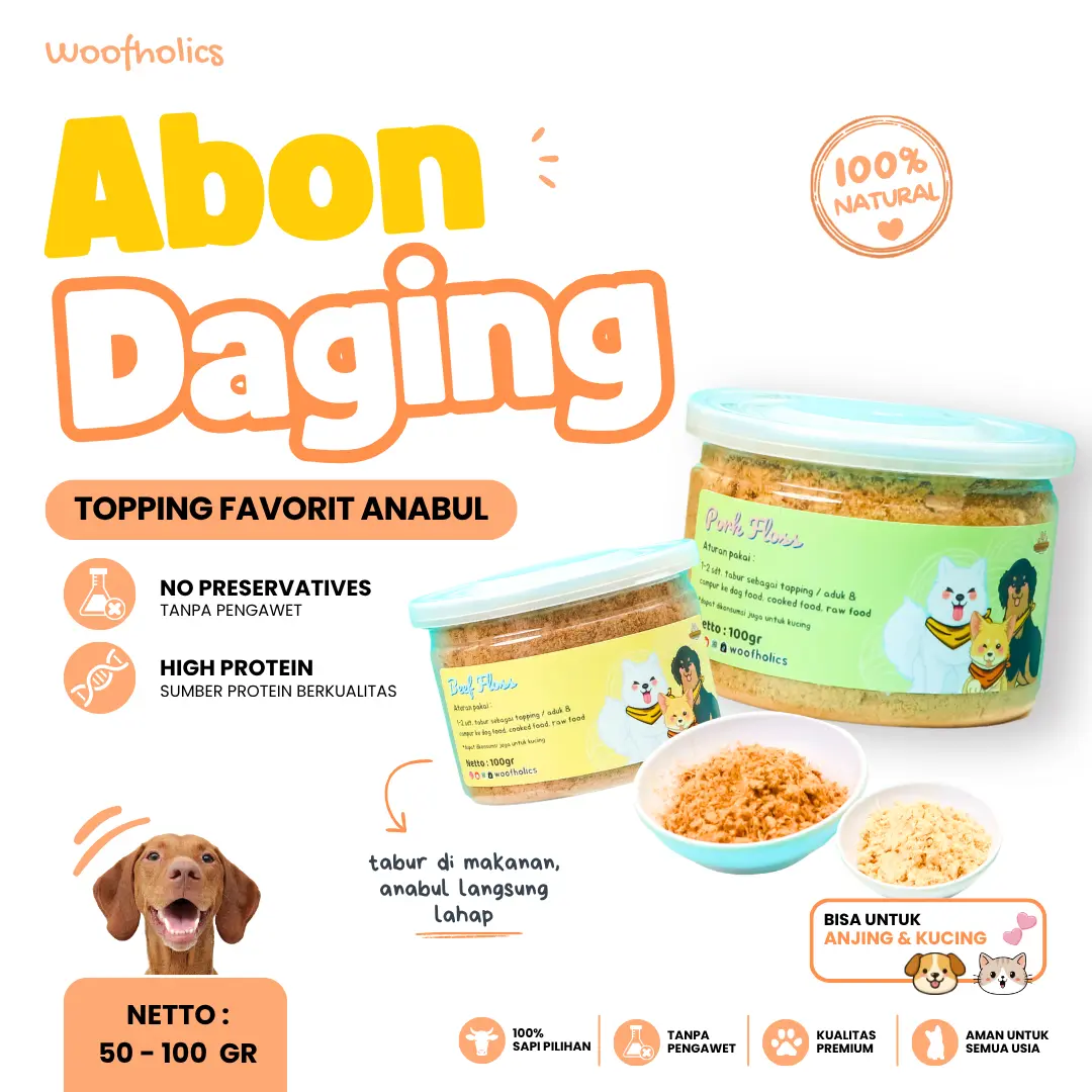 Woofholics Meat Floss – Abon Tabur Rasa Ayam Sapi Babi Tuna | Topping Makanan Picky Eater Anabul Homemade Premium Dog Cat Approved