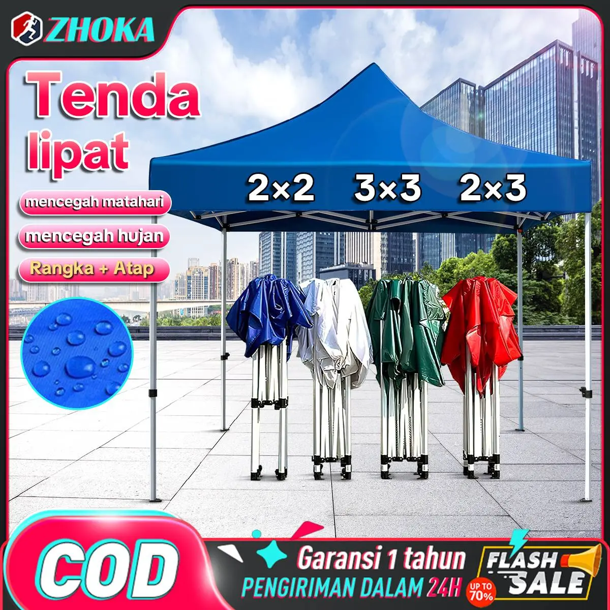 ZHOKA Tenda  3×3 2×3 2×2 Tenda Lipat Alat Olahraga Tenda Bazar 600D Outdoor Tenda Gazebo Tenda Jualan Pameran Dagang Biru dan Merah Camping set full