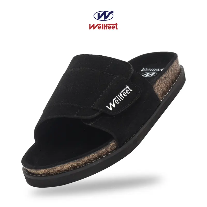 Wellfeet Ltd - Sandal Casual Santai Slide Pria Slip On Black/Tan -Cozy Suede Jepit Sendal Karet 0