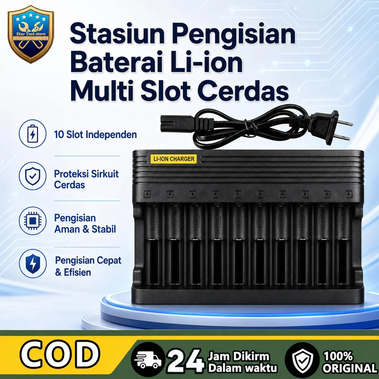 Fast Charging Smart Charger 10 Slot Baterai Lithium Bisa Isi Baterai Berkapasitas Berbeda Satu Waktu Tiap Slot Kontrol Mandiri
