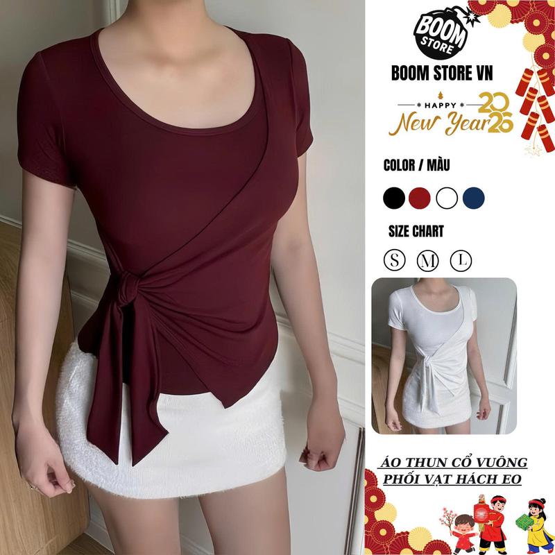 Áo thun nữ  phối viền thiết kế dây rời thắt eo vạt xẻ tà vải tăm hàn ôm body thiết kế trẻ trung năng động cho chị em đi chơi | BigBuy360 - bigbuy360.vn