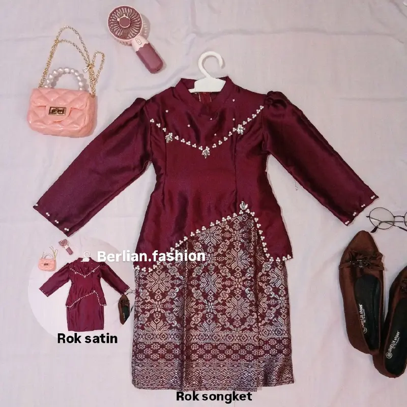 3 COD Termurah! Oneset anak melayu  baju dan rok songket dan rok satin perempuan cewek Malaysia look 1 sampai 13 tahun kurung pesta Baju setelan 4