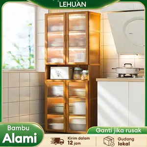 LH-Lemari Dapur Bambu Rak Penyimpanan Dapur Serbaguna Rak Kabinet Dapur Dengan 4 Pintu Transparan Rak Dapur Lemari Dapur Rak Kabinet Rak Piring Tertutup Besar Rak Oven Microwave