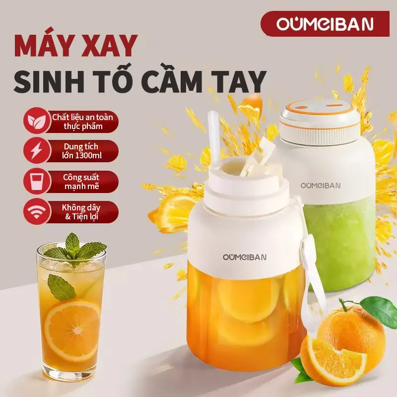 【OUMEIBAN】Máy xay cầm tay đa năng mới nhất năm 2026, dung tích 1300ml, cổng sạc Type-C, nhỏ gọn và tiện lợi. Được trang bị 2 nắp tiện dụng, 38 lưỡi dao, máy xay mini.