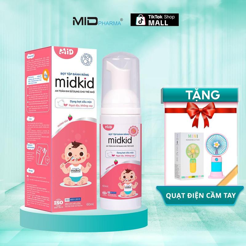 ( Midkid x Thanhtranofficial ) - Bọt tập đánh răng Midkid vị Dâu 60ml cho bé từ 1 tuổi - Tặng Quạt điện mini cầm tay
