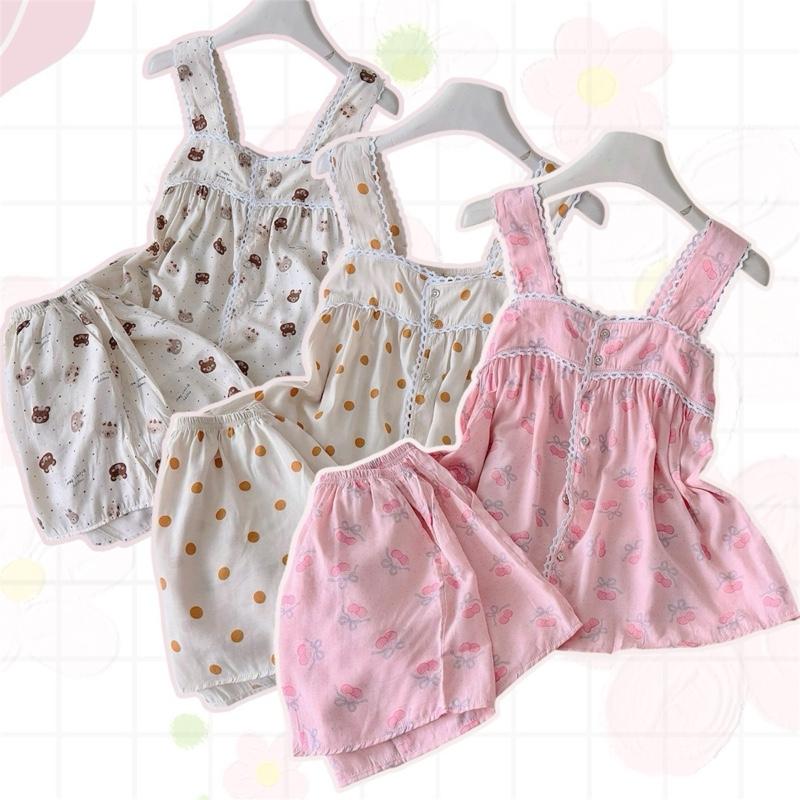 Đồ Ngủ Nữ, Bộ Mặc Nhà 2 Dây Bản To Viền Ren Vải Đũi Hàn Freesize Dưới 55kg