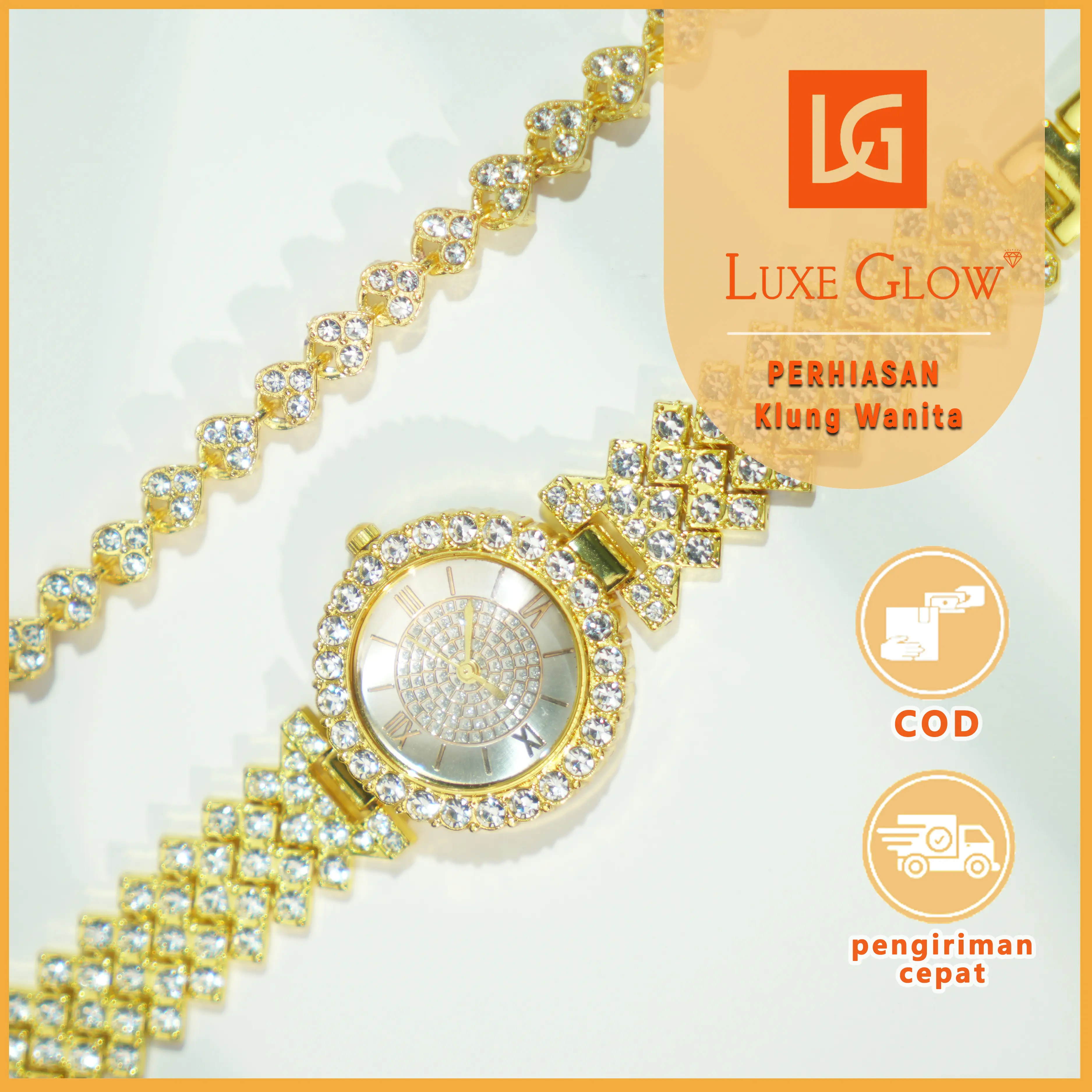 LuxeGlow. Jam tangan tidak mudah pudar. Beli jam tangan dapat gelang gratis. Jam tangan wanita berlian emas berkilauan, gelang berlian hati kecil.