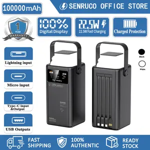 Powerbank 100000MAH Fast Charging With 4 Detachable Data Cables Portable LED Outdoor Light Powerbank