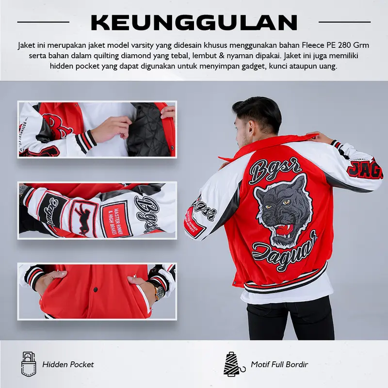 Jaket Varsity Baseball Jacket Vintage Windbreaker Bordir Tebal Jaguar Premium BGSR Terbaru Pria Wanita Bomber Distro Casual Cowok Keren Fleece Sweater Hitam 5