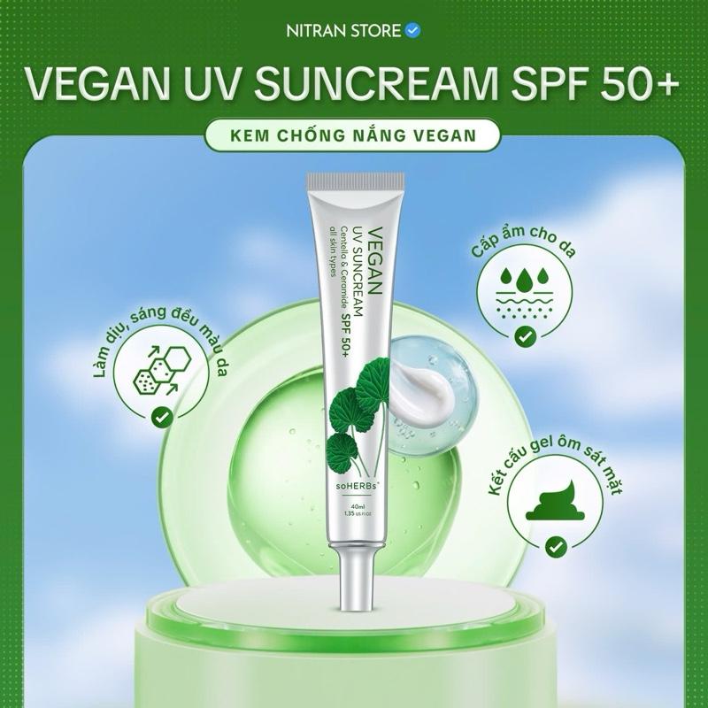 [MUA 1 ĐƯỢC 2] Soherb Kem Chống Nắng Vegan 40ml (Tặng 15ml) Kem Chống Nắng Mặt, Phù Hợp Cho Da Nhạy Cảm/Da Mụn, Chiết Xuất Rau Má, Salicylic Acid, Thẩm Thấu Nhanh Không Bết Rít