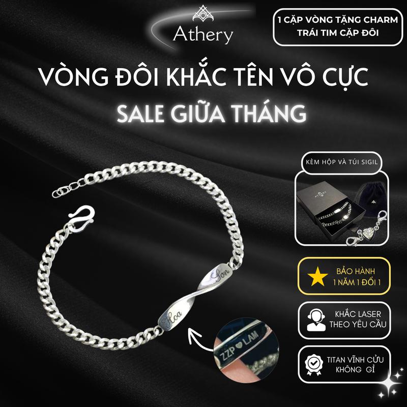 Khắc tên + Tặng hộp Vòng tay đôi Vĩnh Cửu Nam Nữ Couple - Phụ kiện trang sức Unisex Athery Titan Bền Bỉ không đen gỉ cho Cặp Đôi Người thân yêu - Khắc Laser Theo Yêu Cầu & Tặng Hộp Quà Sang Trọng - Size Freesize 16-26cm - Bảo Hành 12 Tháng - Unisex