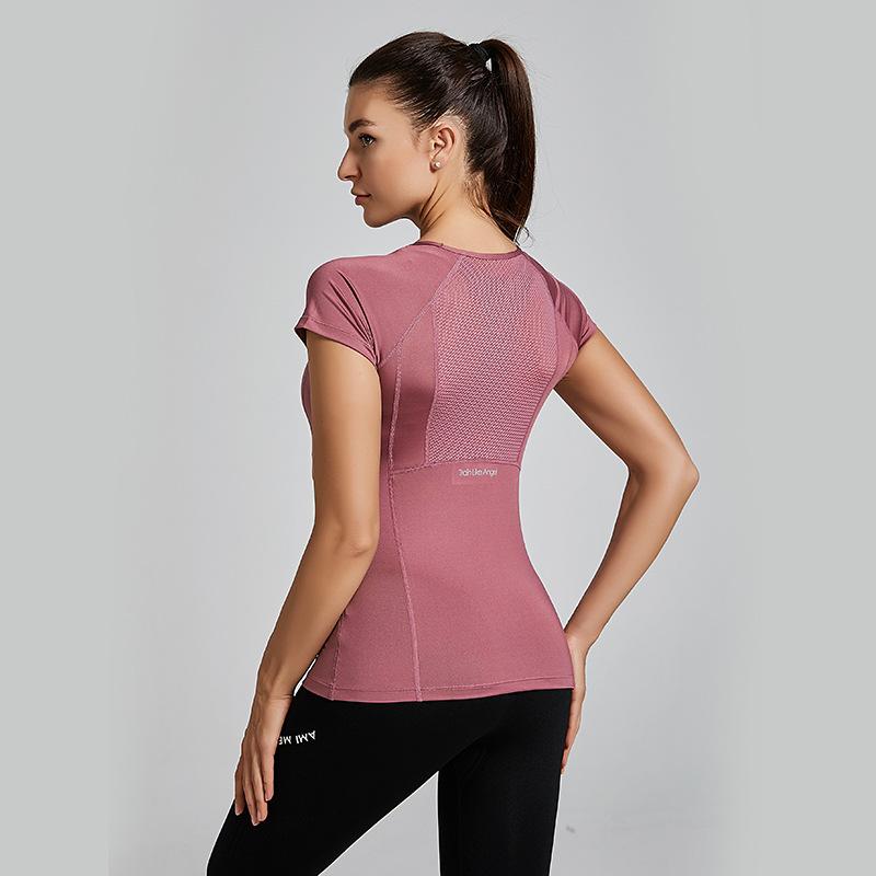 Summer New round Neck Exercise T-shirt Women's Elastic Quick-Drying Short Sleeve Slim Fit Slimming Yoga Jacket Running Fitness Clothes 6