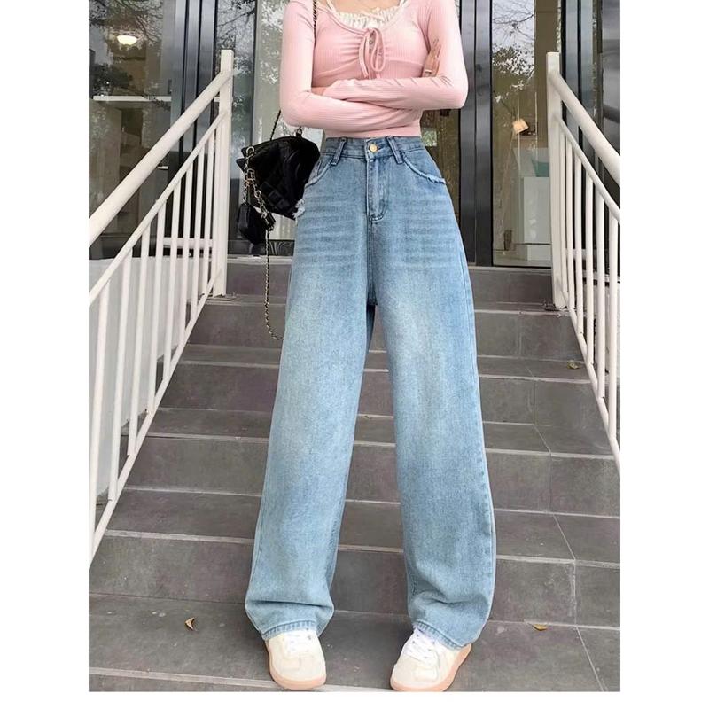 Quần jeans xuông nữ ống rộng rách túi sau hai màu đậm nhạt thích hợp với nấm lùn Pants | BigBuy360 - bigbuy360.vn