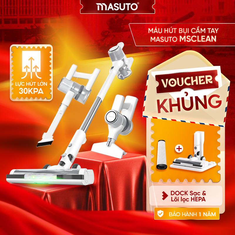 Máy hút bụi quét sàn không dây cầm tay Masuto MSCLEAN - KLS1 - Chổi quét sàn 270 độ, 3 đầu quét hút, lực hút 30 kPa, hệ thống lọc đa tầng, x2 bộ lọc HEPA, bảo hành 12 tháng