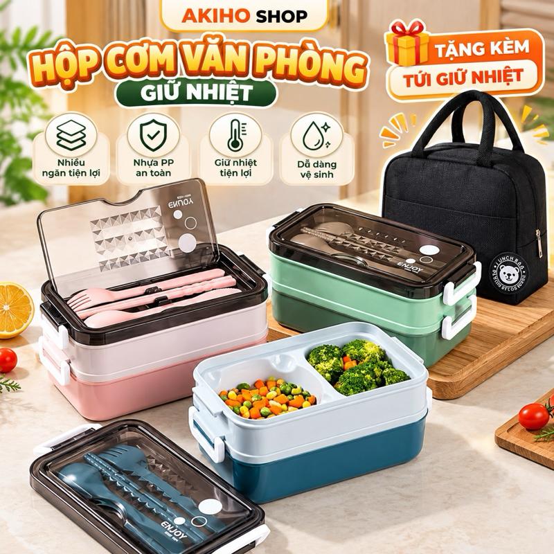 Hộp cơm giữ nhiệt Inox304 cho dân văn phòng tặng kèm thìa đũa tiện dụng mang đi làm