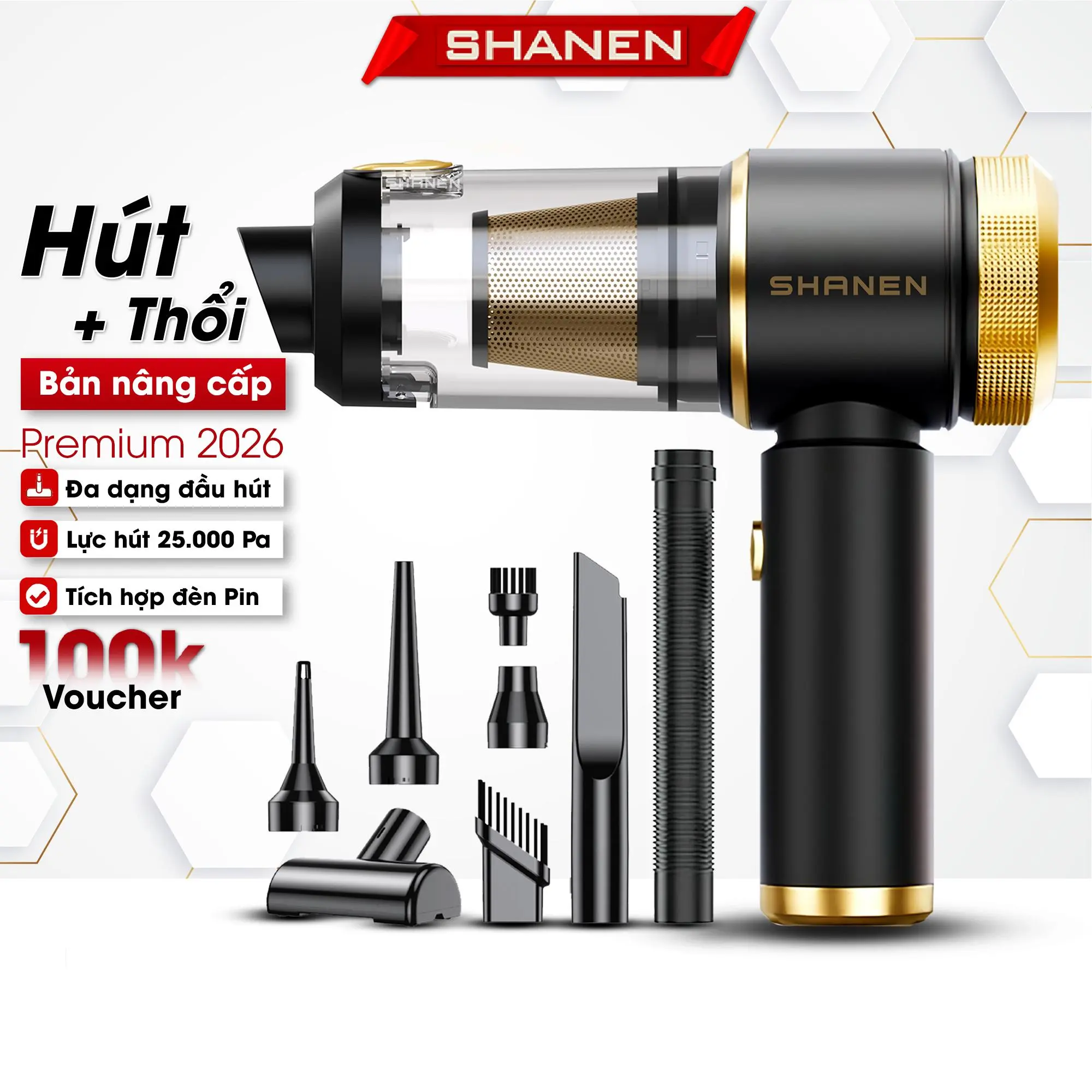 Máy hút bụi cầm tay mini không dây SHANEN, lực hút 25000Pa,Tổng cộng 8 đầu hút thổi khác nhau, Bảo hành 24 tháng